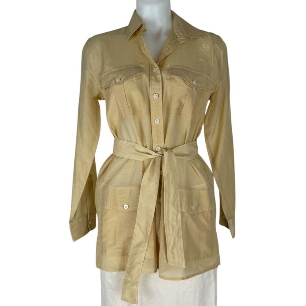 Lauren Ralph Lauren Tan Silk Blend Safari Belted Utility Shirt Jacket Small